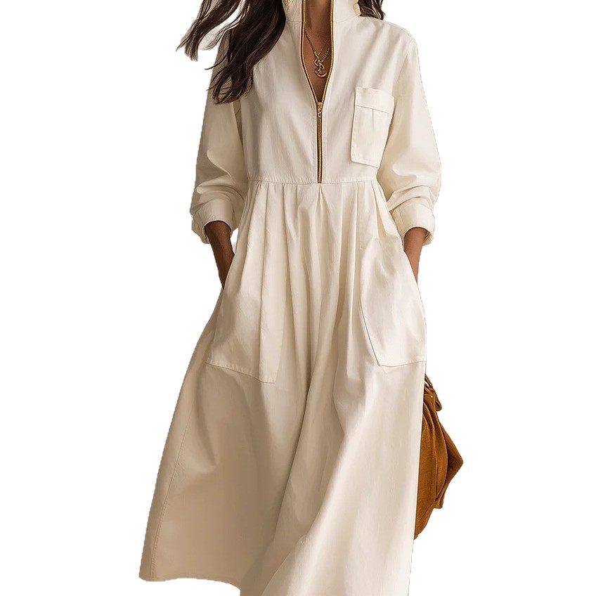 Gold Half-Zip Stand Collar Dress with Pockets Loose Pleated Maxi Long Sleeve