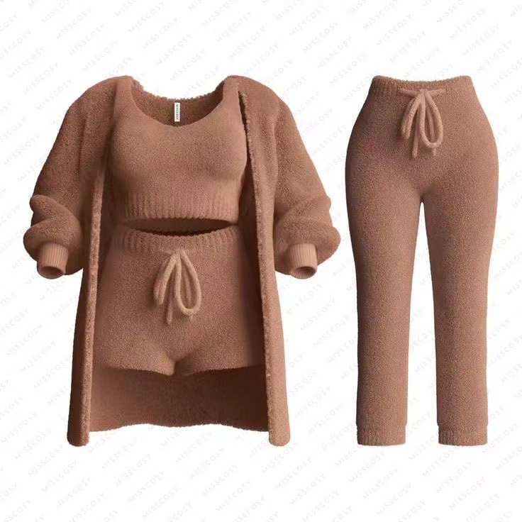 Knit Plush Long-Sleeve Cardigan, Vest & Shorts 4-Piece and 3-Piece Set