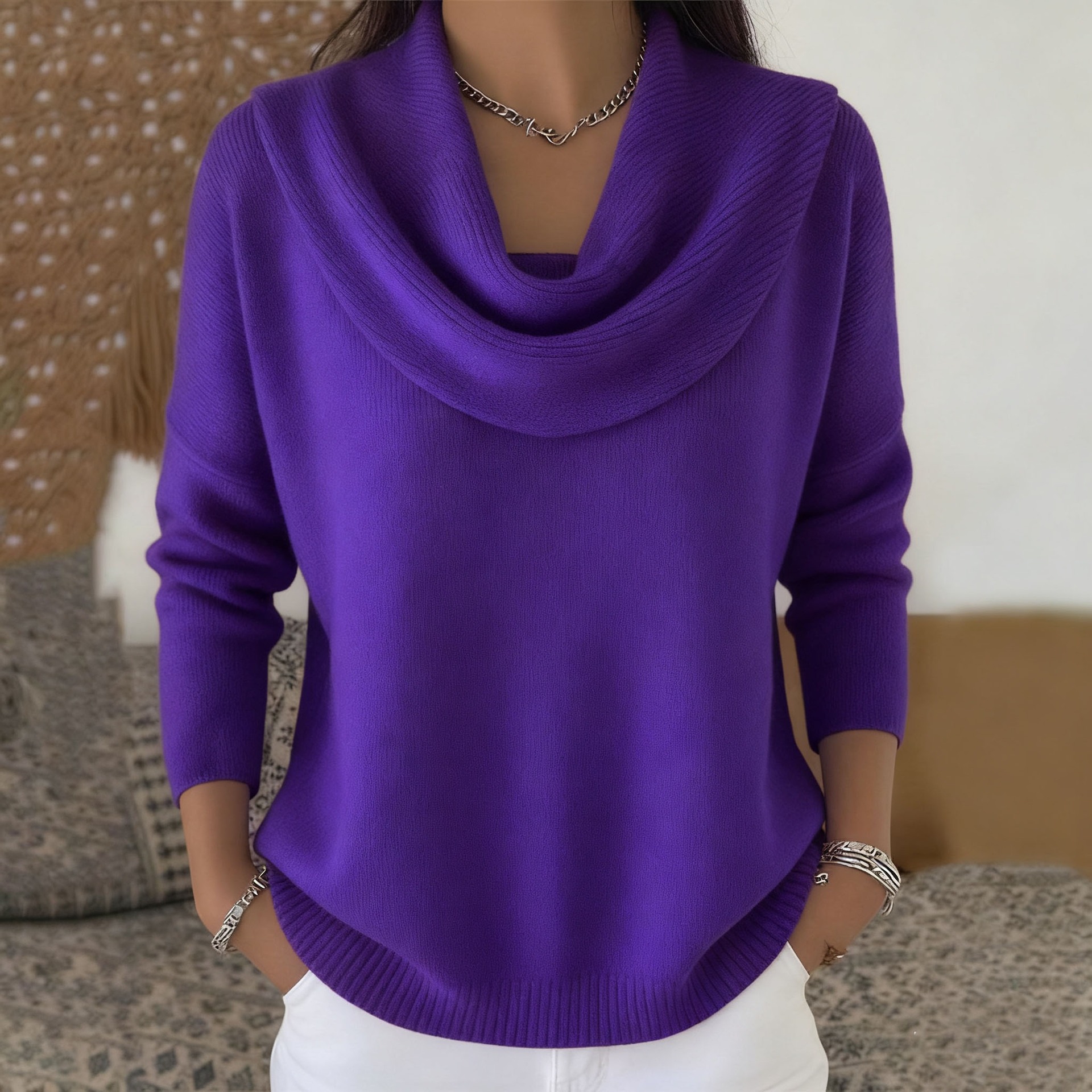 Women's Solid Color Knit Long-Sleeve Pullover Sweater