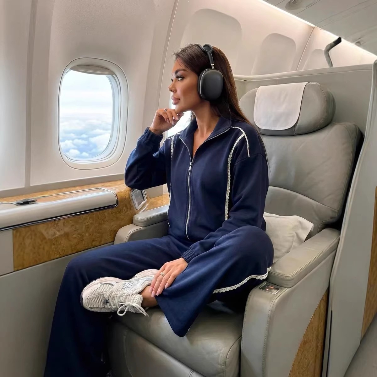 Women's Navy Lace-Trimmed Zip-Up Jacket and Jogger Pants Set