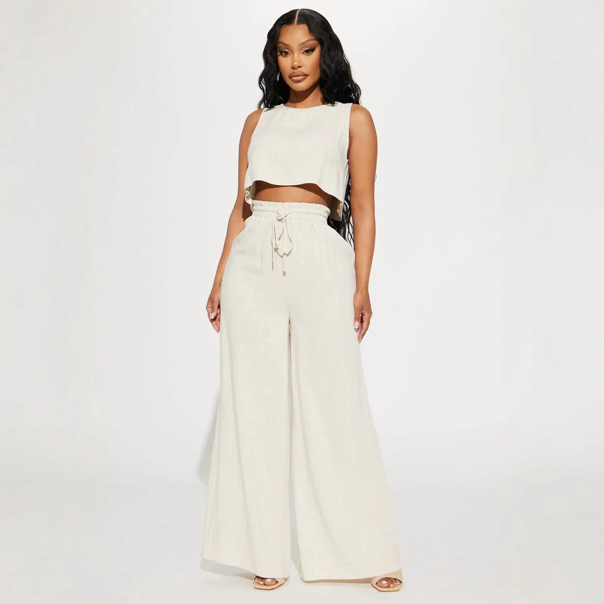 Women's Solid Sleeveless Top and High-Waist Pants Set