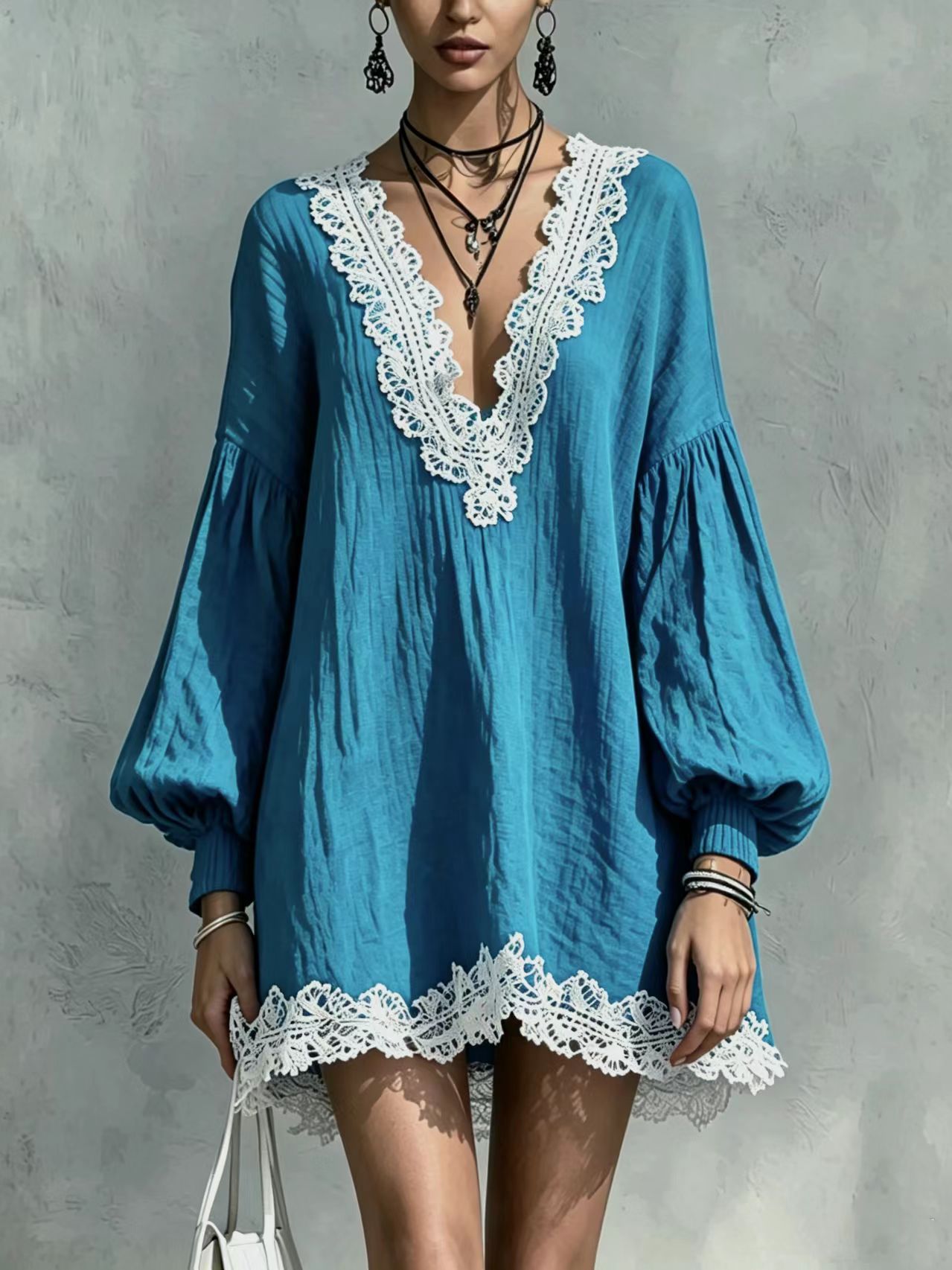 Color-Block V-Neck Lace Trim Lantern Sleeve Loose Dress