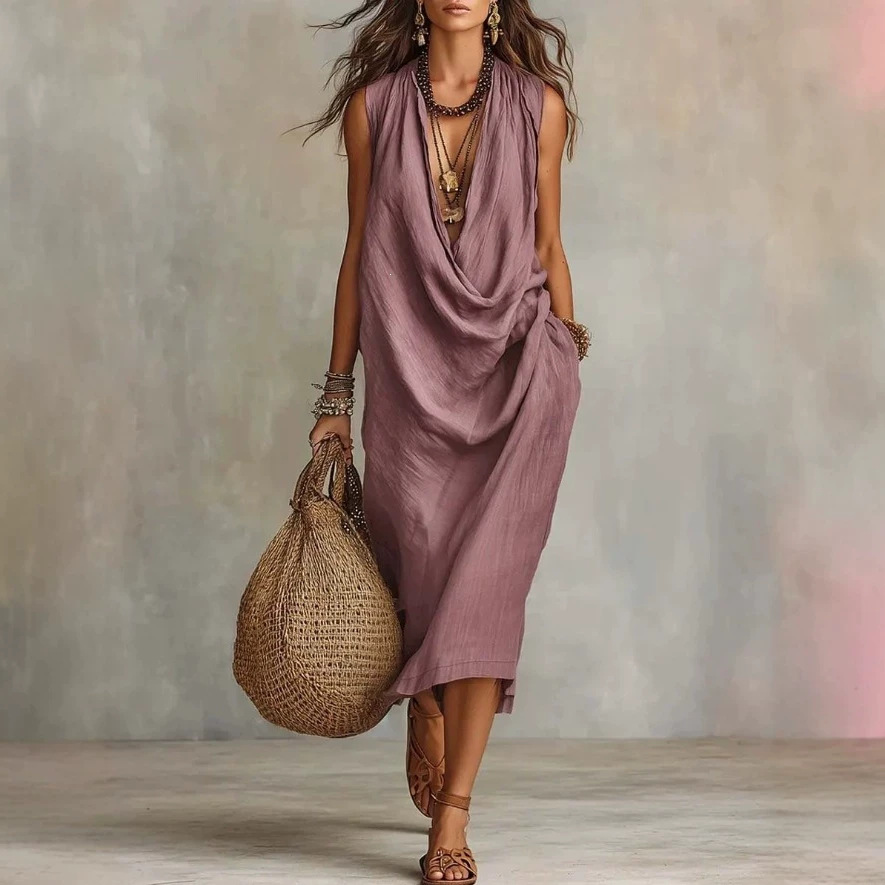 Women's Casual Loose Cowl Neck Sleeveless Maxi Dress