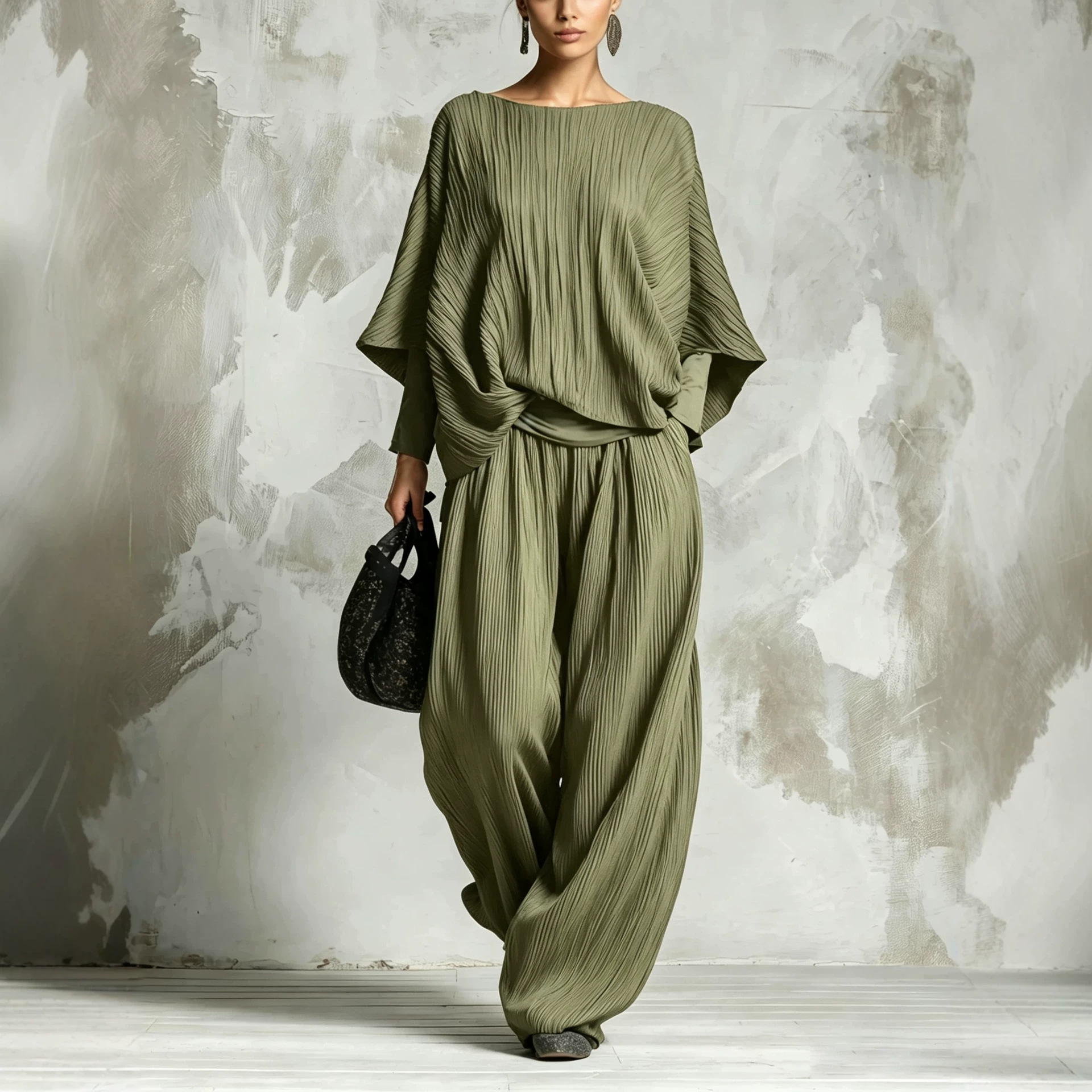 Ruched Batwing Sleeve Top & Wide-Leg Pants Two-Piece Lounge Set