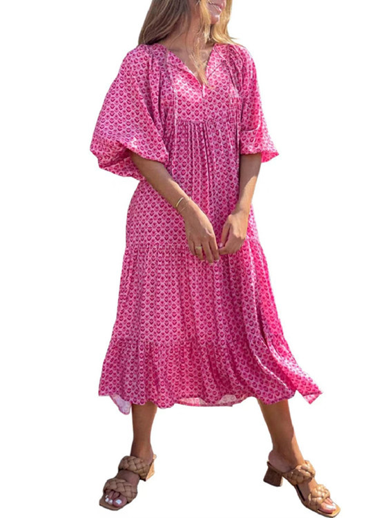 Geometric Print Puff Sleeve Maxi Dress with High Waist and Tie Detail