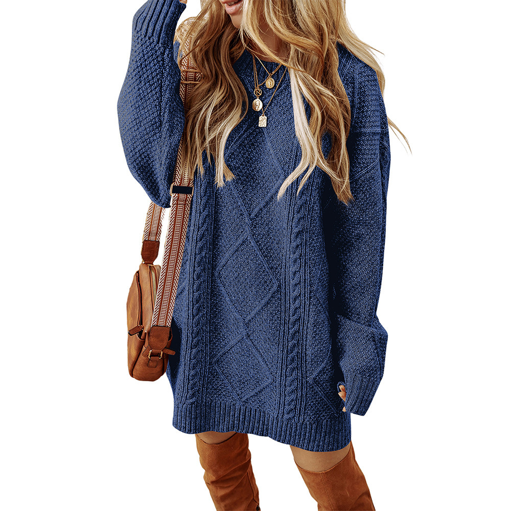 Cable-Knit Sweater Dress Relaxed Crew Neck Knee-Length
