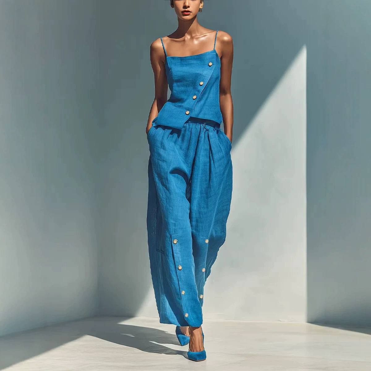 Women's Summer Linen Two-Piece Set Sleeveless Vest and Pants