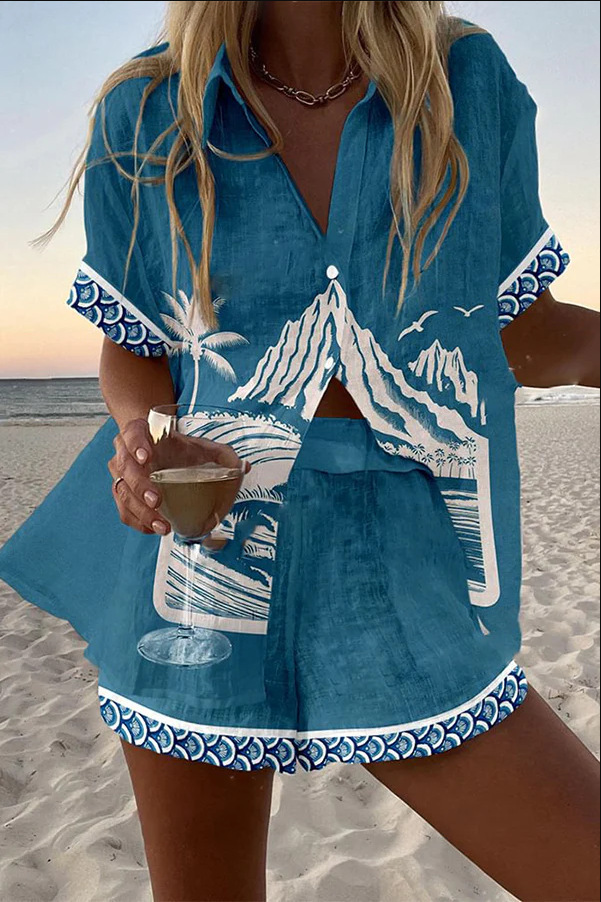 Women's Animal Print Short Sleeve Collared Top Set