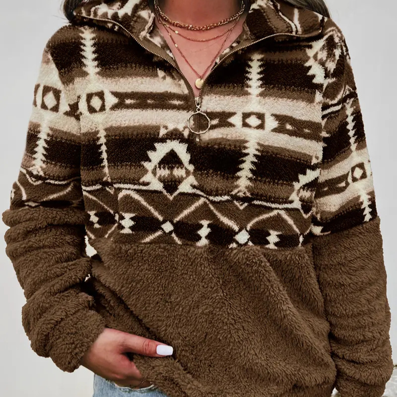 Geometric Print Long Sleeve Zip-Up Fleece-Lined Hoodie for Women