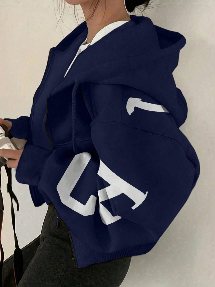 Women's Casual Letter Print Loose Hooded Zip-Up Sweatshirt