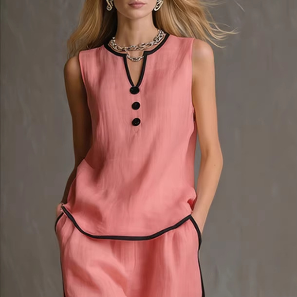 Sleeveless V-Neck Colorblock Top & Wide-Leg Pants Set
