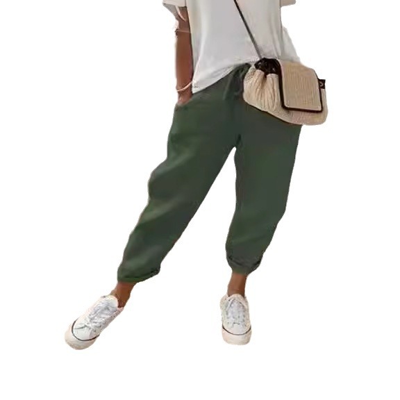 Women's Cotton-Linen Elastic Waist Cropped Pants Casual