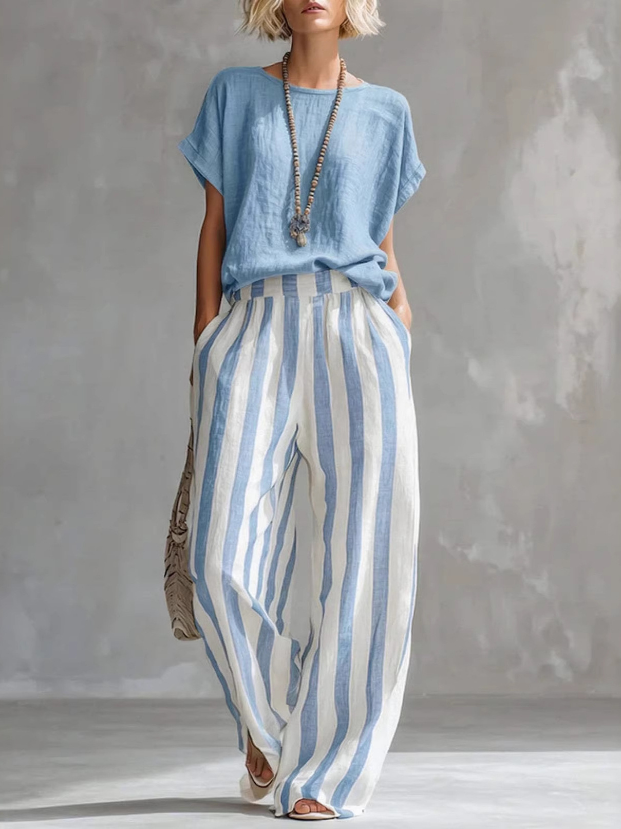Striped Crewneck Top & Straight-Leg Pants Casual Set