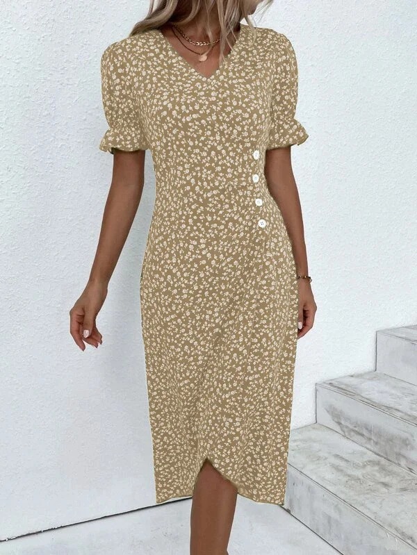 Geometric Patchwork Puff Sleeve Asymmetrical Hem Dress