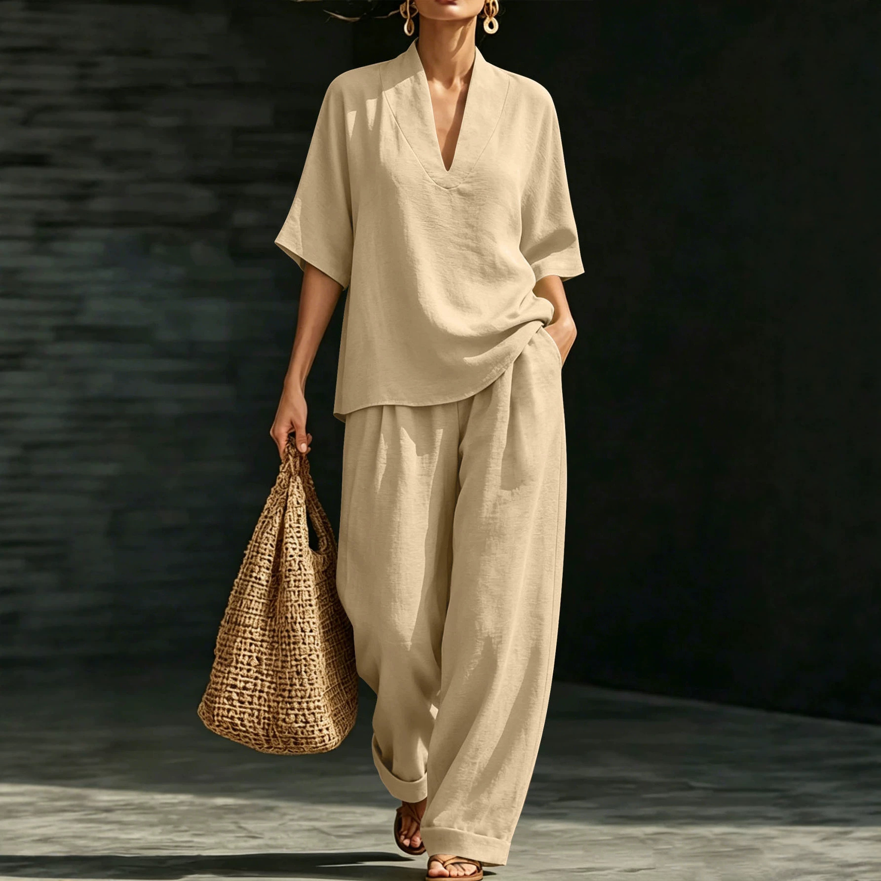 Lazy Style V-Neck Short Sleeve Top and Wide-Leg Pants Two-Piece Set