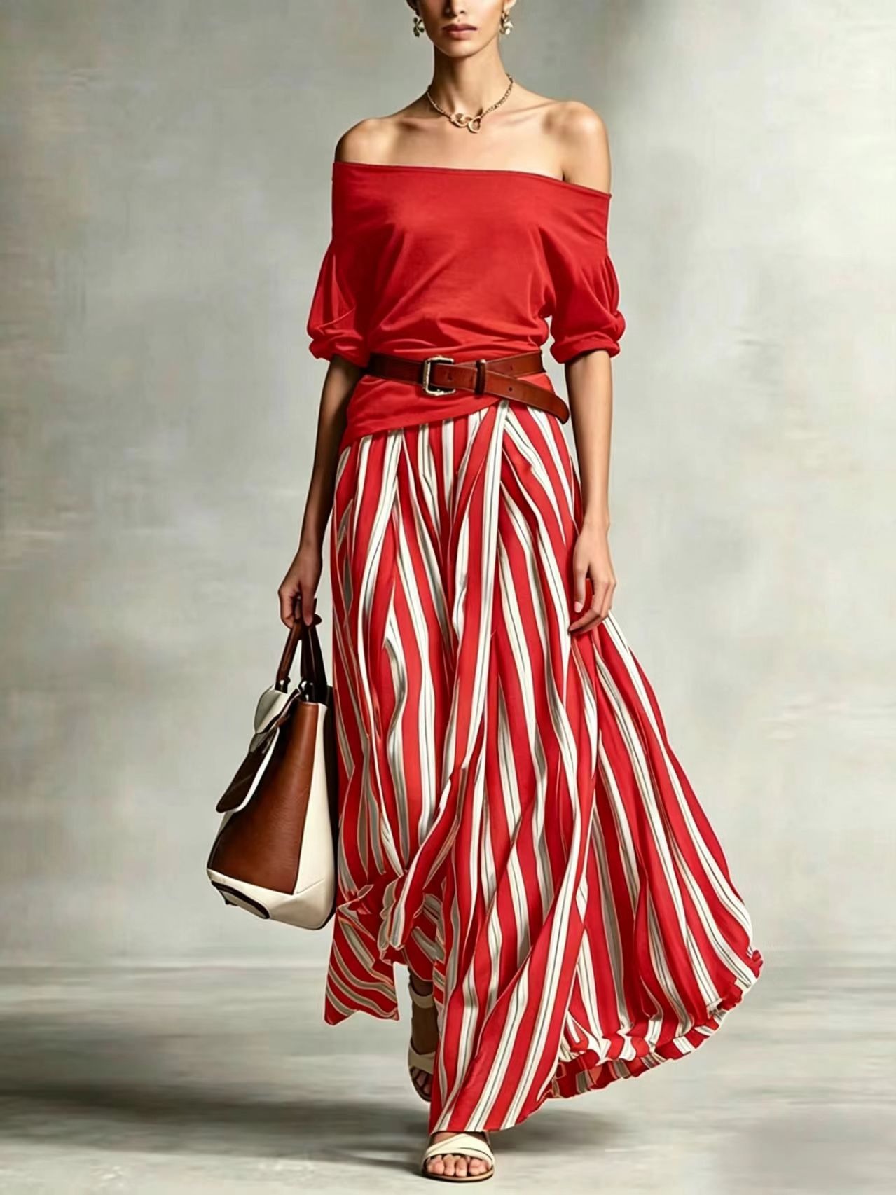 Off-Shoulder Top and Slit Skirt Women's Set – Nautical Vacation Style, Colorblock Geometric Print