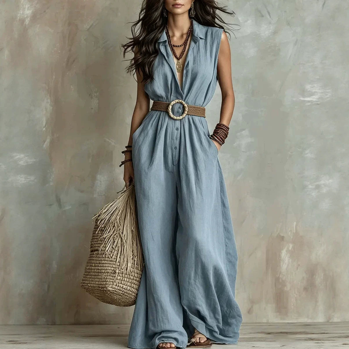 Women's Sleeveless Wide-Leg Jumpsuit with Collar and Waist Tie