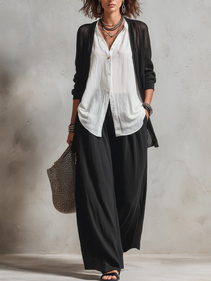Minimalist Layered Vest Cardigan and Wide-Leg Pants Three-Piece Set