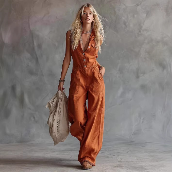 V-Neck Button-Front Sleeveless Linen-Blend Wide-Leg Jumpsuit