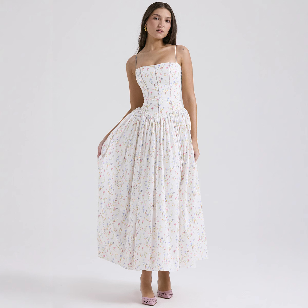 Elegant Floral Sleeveless Slip Dress Slimming A-Line Midi