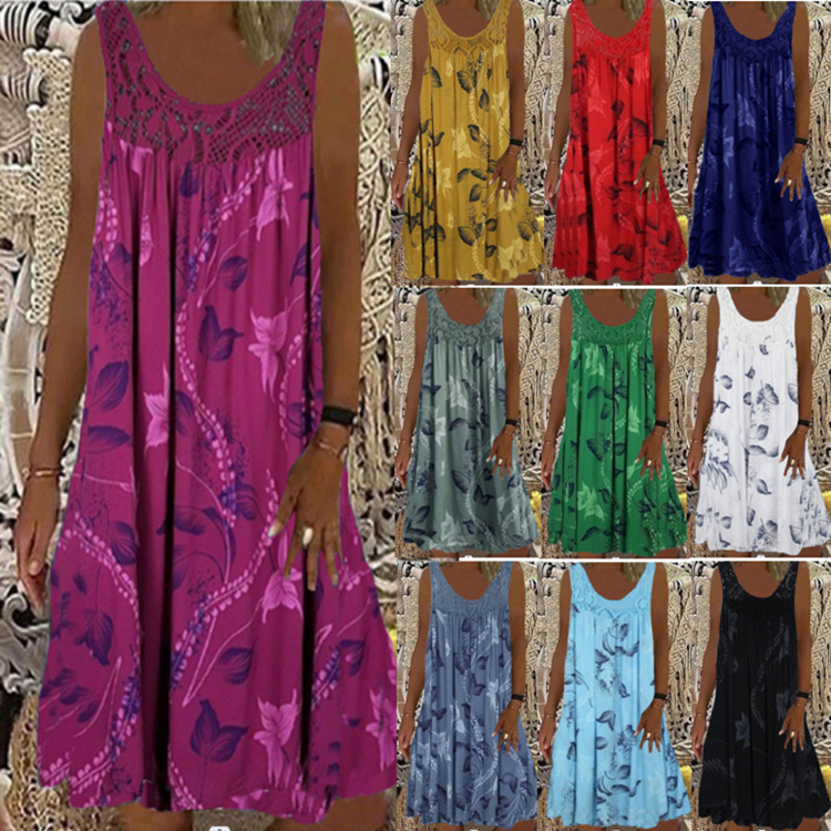 Women's Vintage Floral Butterfly Midi Dress Sleeveless Round Neck Slim Fit