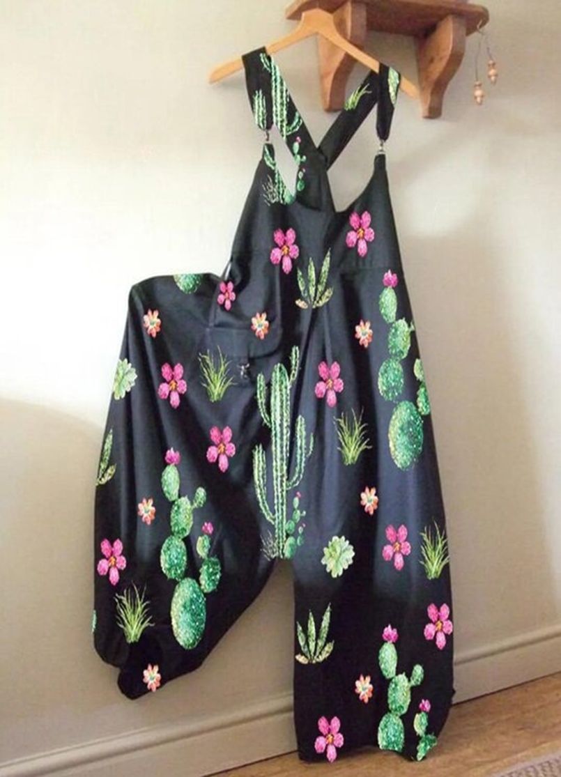 Floral Print Loose Casual Button Strap Jumpsuit Summer Women's
