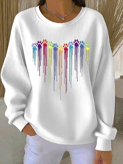 Women's Animal Wine Glass Paw Print Heart Print Crewneck Sweatshirt