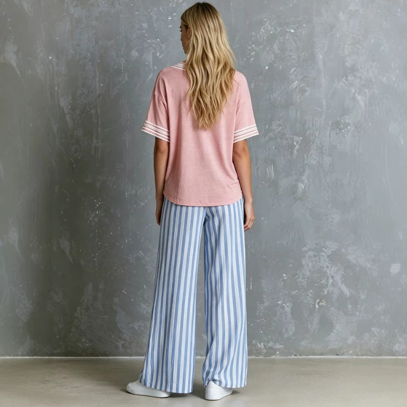 Retro Pink V-Neck Short-Sleeve T-Shirt and Blue Striped Pants Set