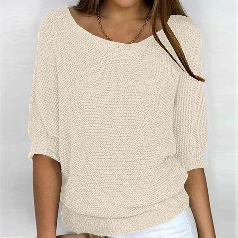 Women's Solid Crewneck Knit Top with Three-Quarter Sleeves