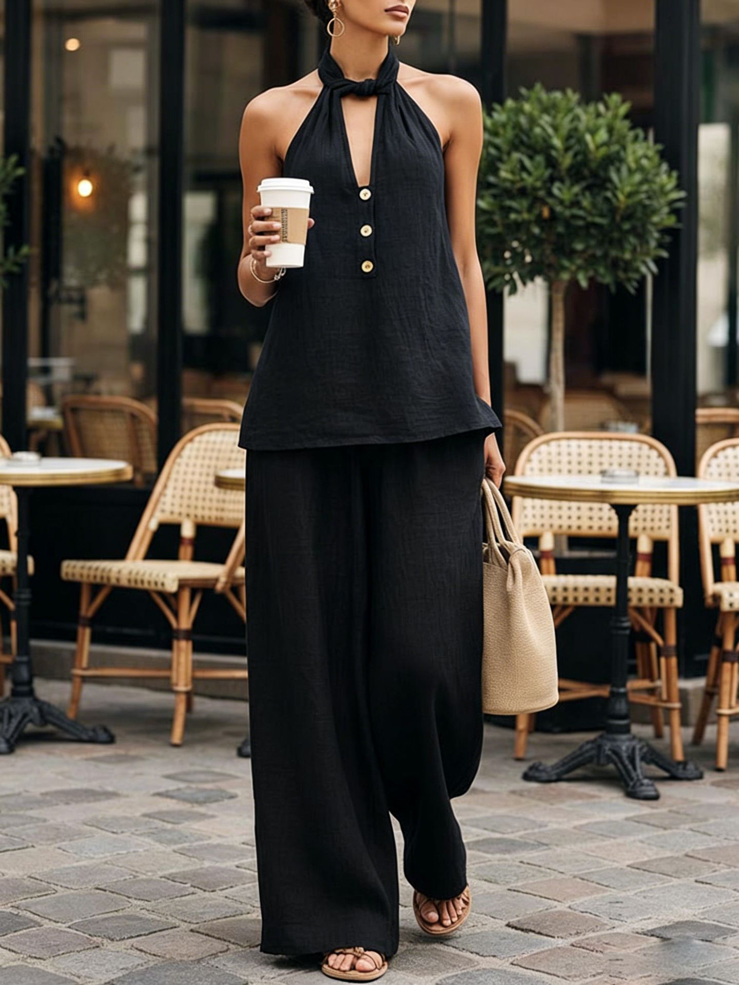 Women's Sleeveless Deep V Halter Open Back Top & Wide Leg Pants Set