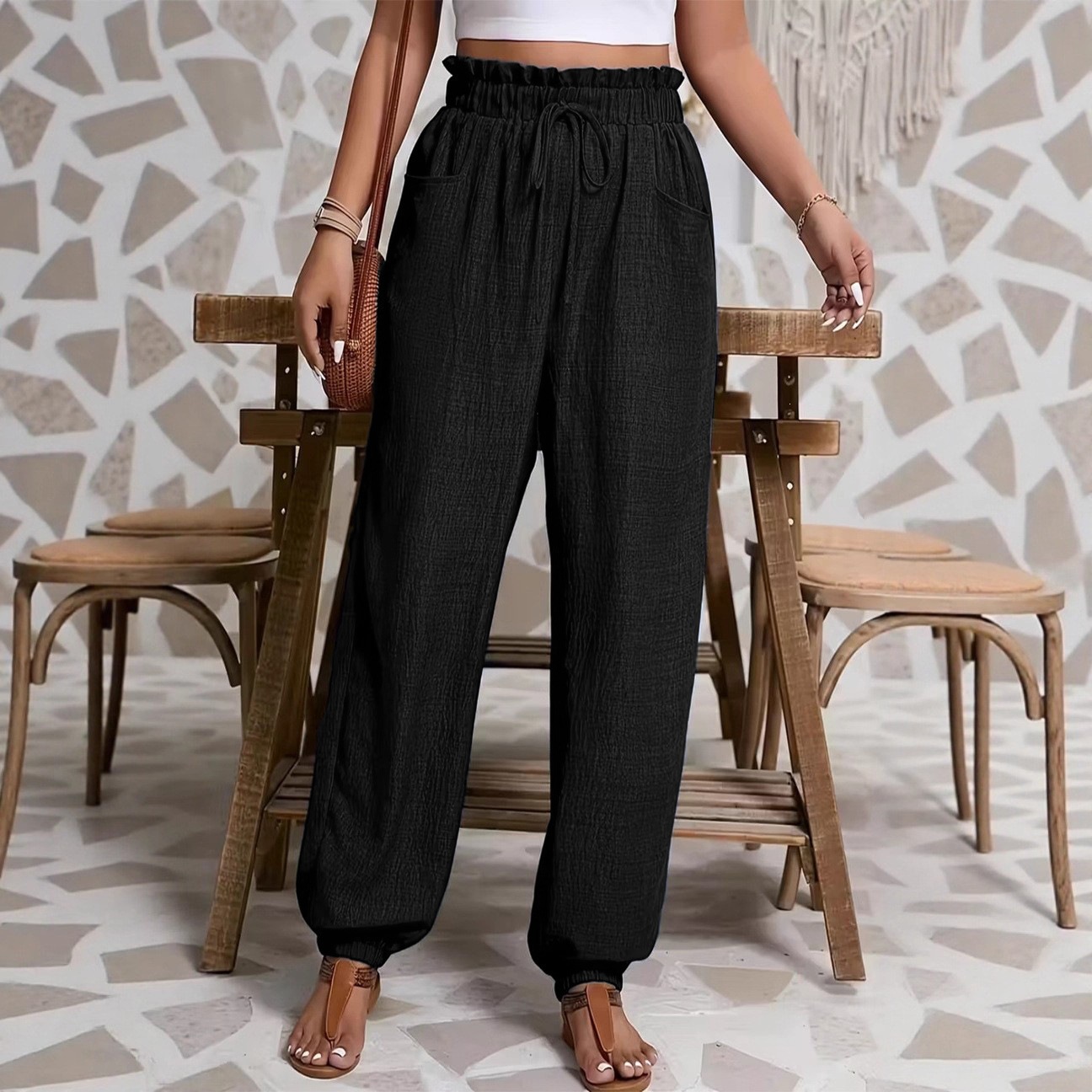 Solid Textured Lantern Pants with Ruffle Elastic Drawstring Waist and Dual Pockets