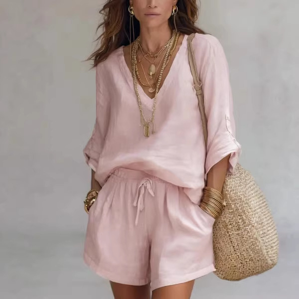 Women's Tie-Front Shorts and Long-Sleeve Top Set Casual Minimalist