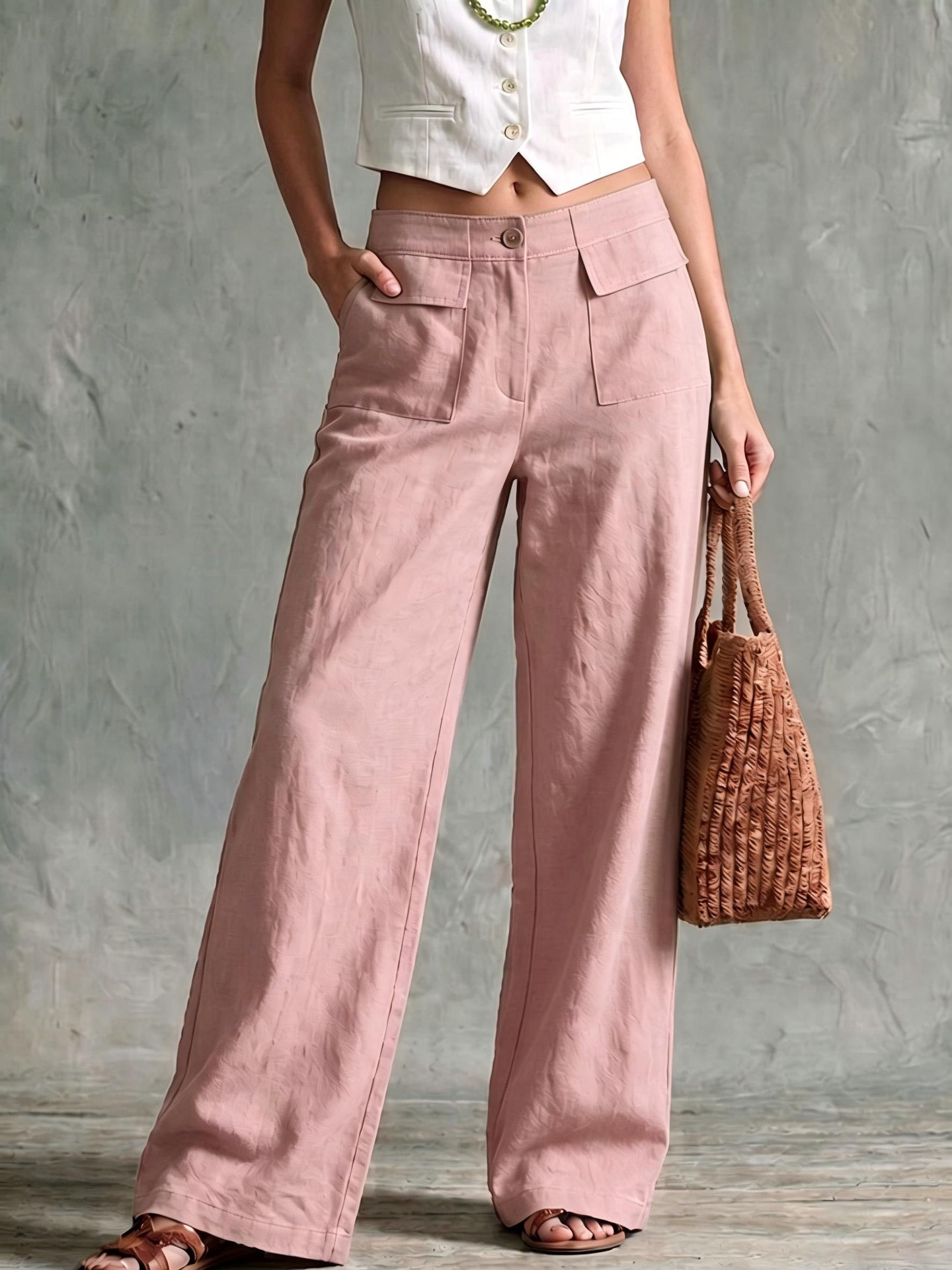 Women's Solid Cotton-Blend Wide-Leg Casual Pants High Waist Loose Fit