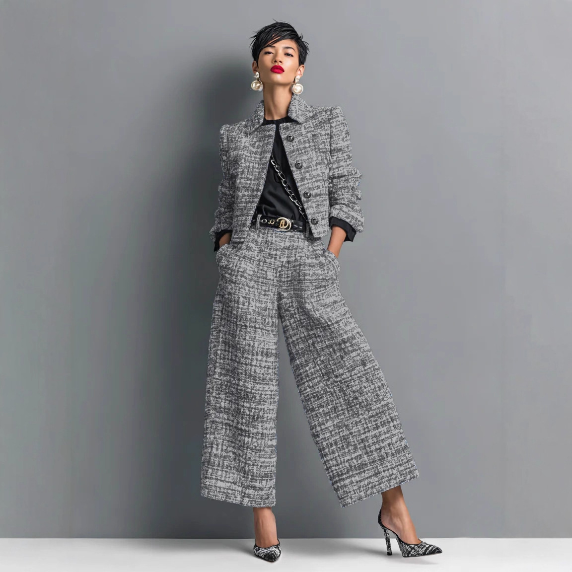 Women's Collared Slim-Fit Long-Sleeve Cropped Jacket and Wide-Leg Pants Set