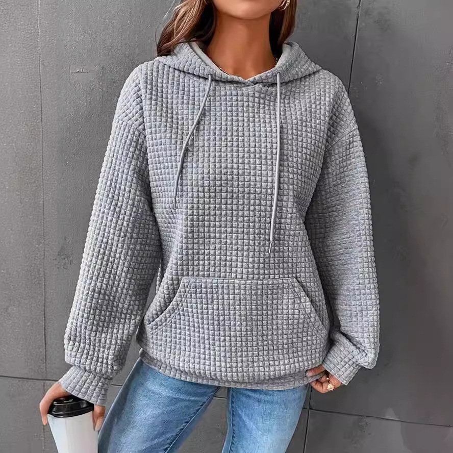 Women's Waffle Knit Hooded Long-Sleeve Pullover Sweatshirt Solid Color