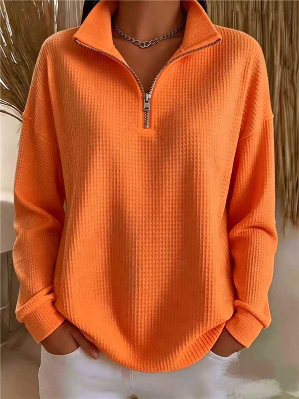 Women's Waffle Knit Half-Zip Hoodie Loose Fit Solid Color Top
