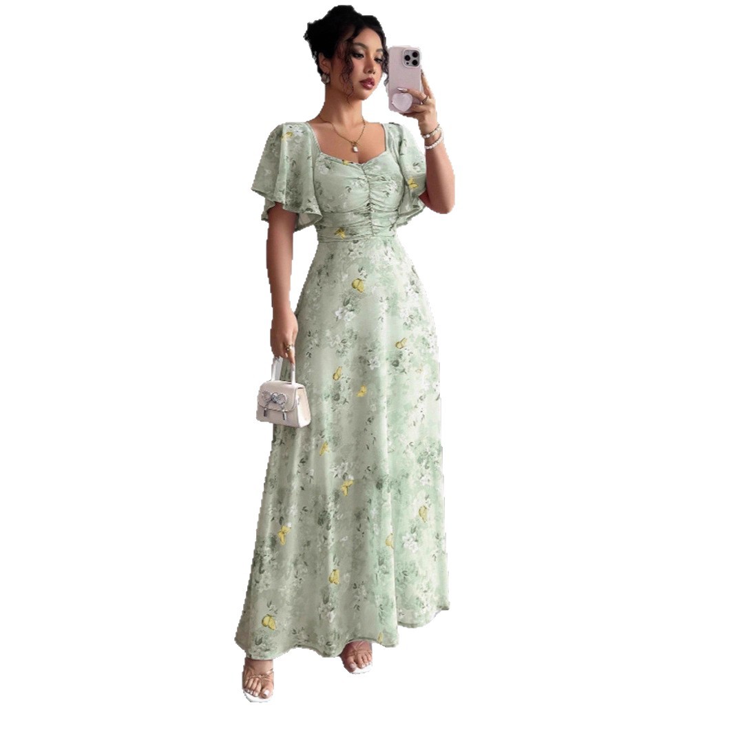 Floral Butterfly Print Ruffle Sleeve Slim Fit Midi Dress with Lining