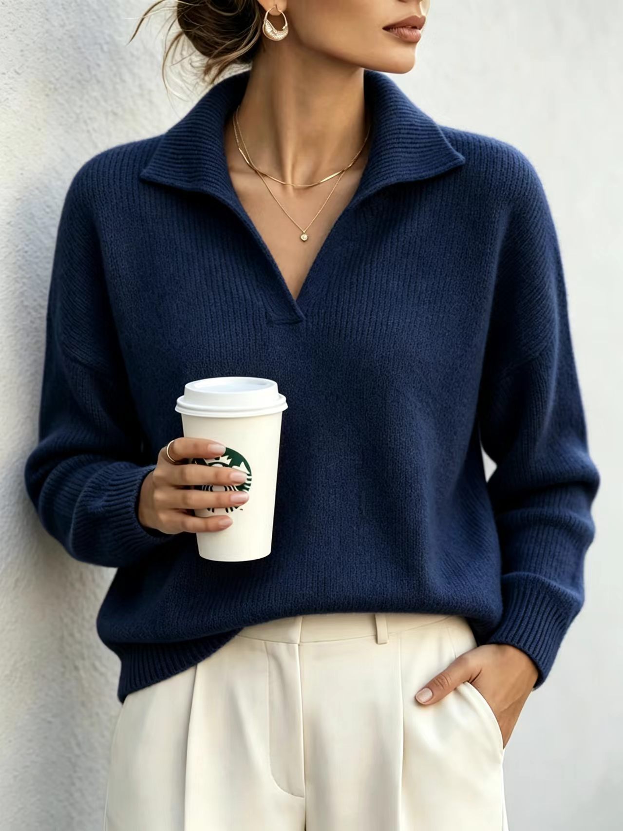 V-Neck Pullover Sweater Top Elegant Commuter Style Women's