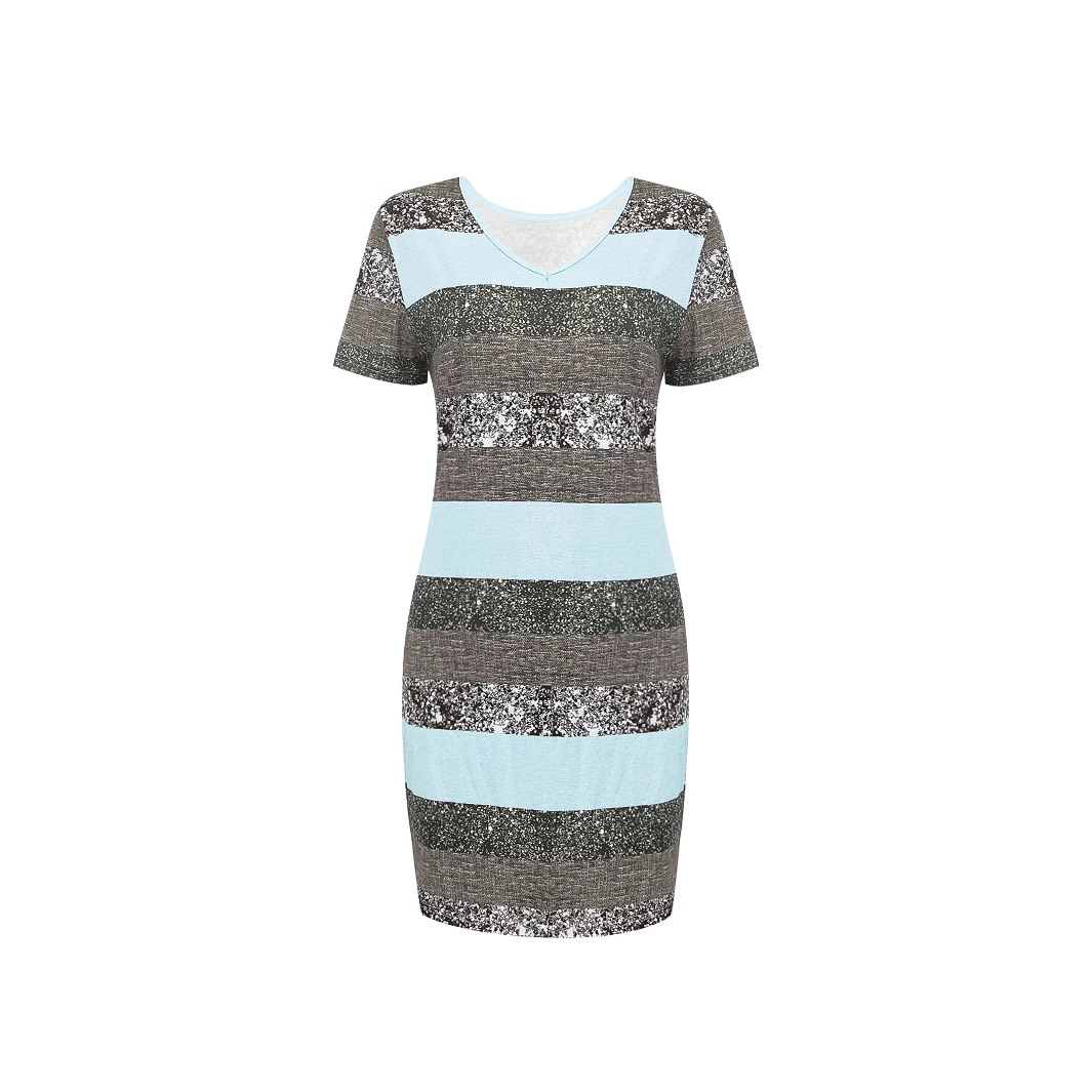 Striped Print V-Neck Short Sleeve Midi Dress