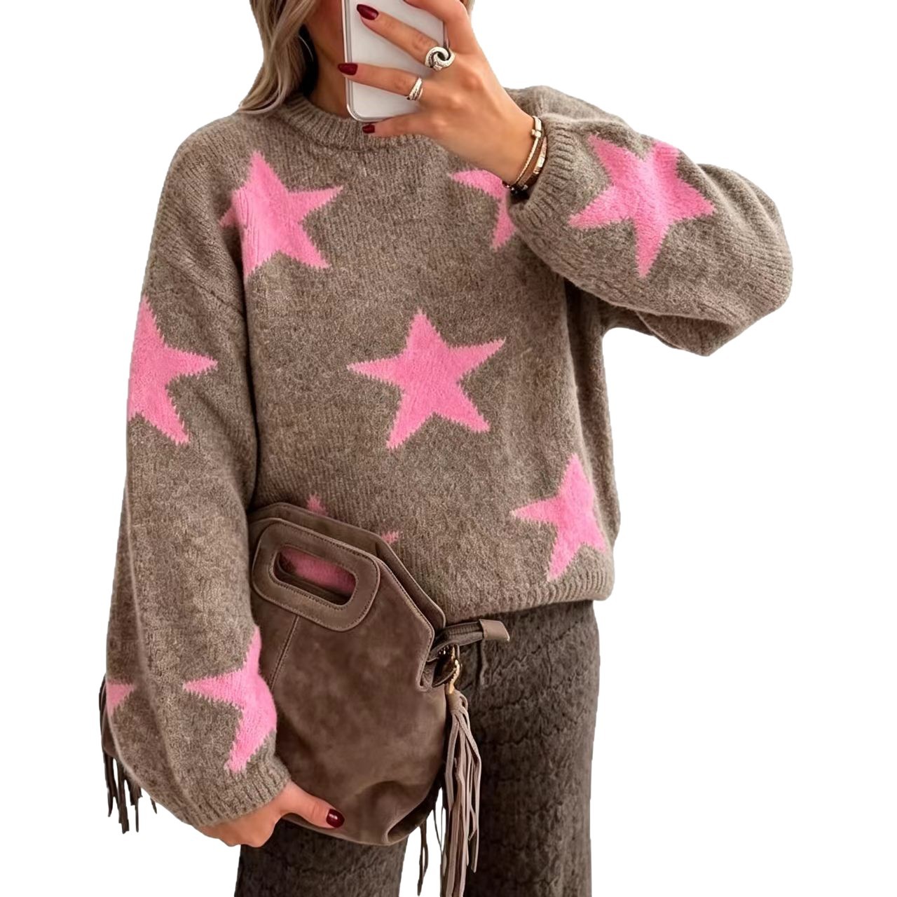 Women's Star Jacquard Drop Shoulder Lantern Sleeve Sweater