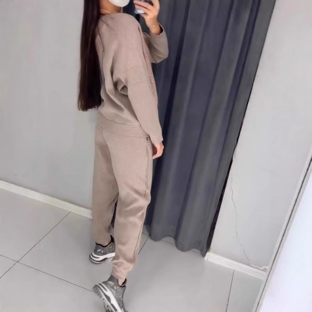 Women's Casual Round Neck Rhinestone Pocket Two-Piece Set