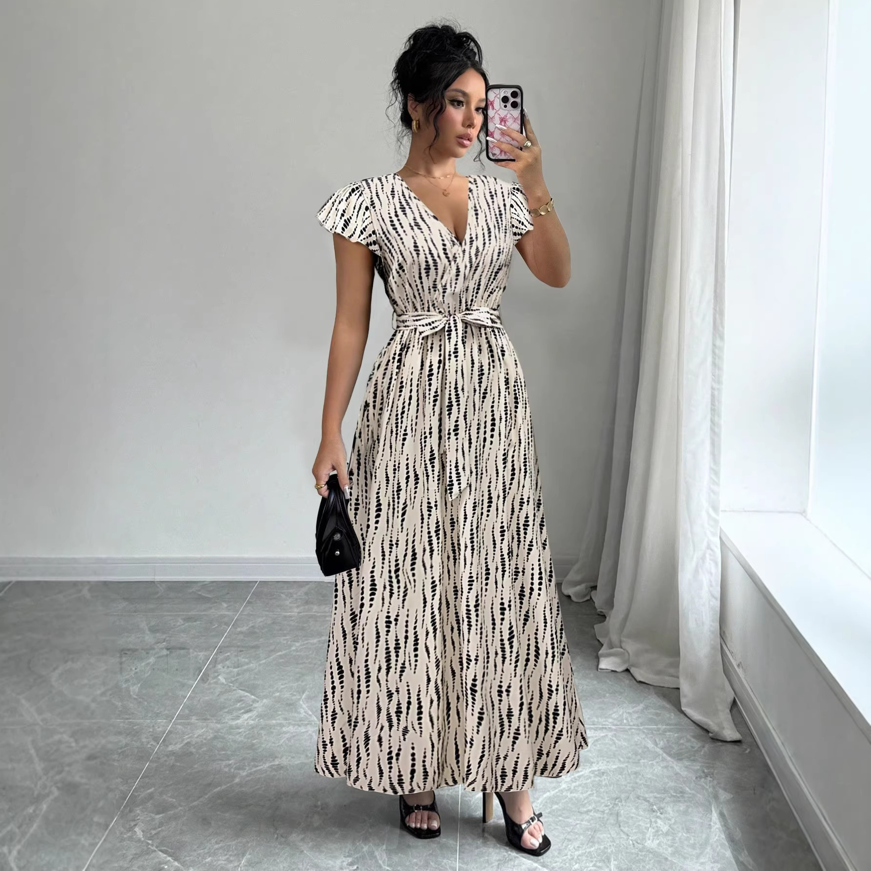 V-Neck Midi Dress with Ruffle Sleeves and High Waist