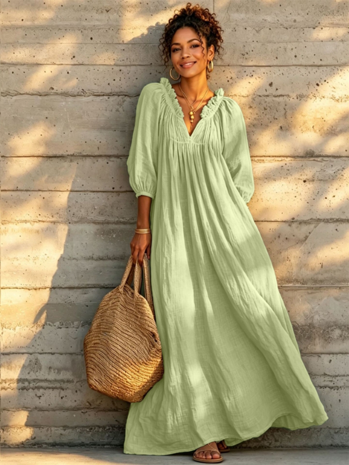 V-Neck Lantern Sleeve Boho Maxi Dress