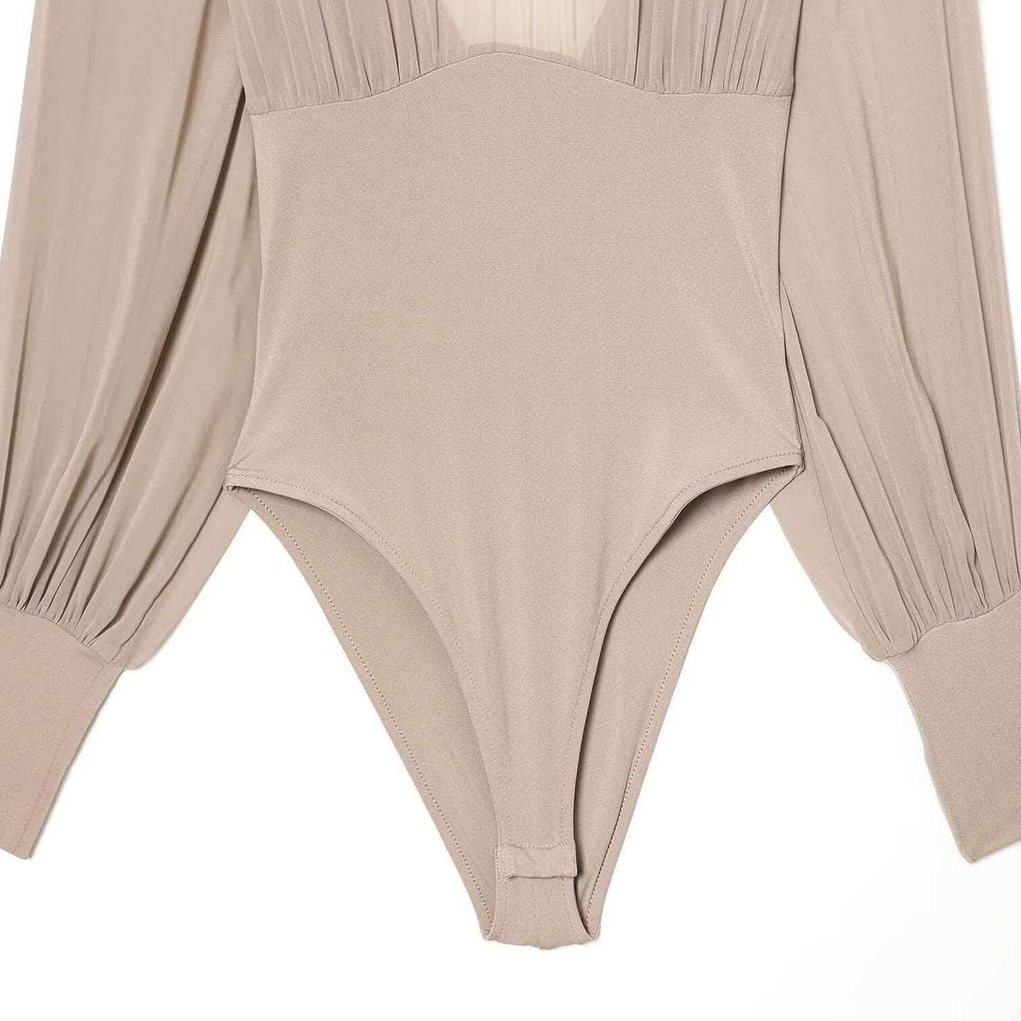 Nude High Neck Ruched Open Back Long Sleeve Bodysuit