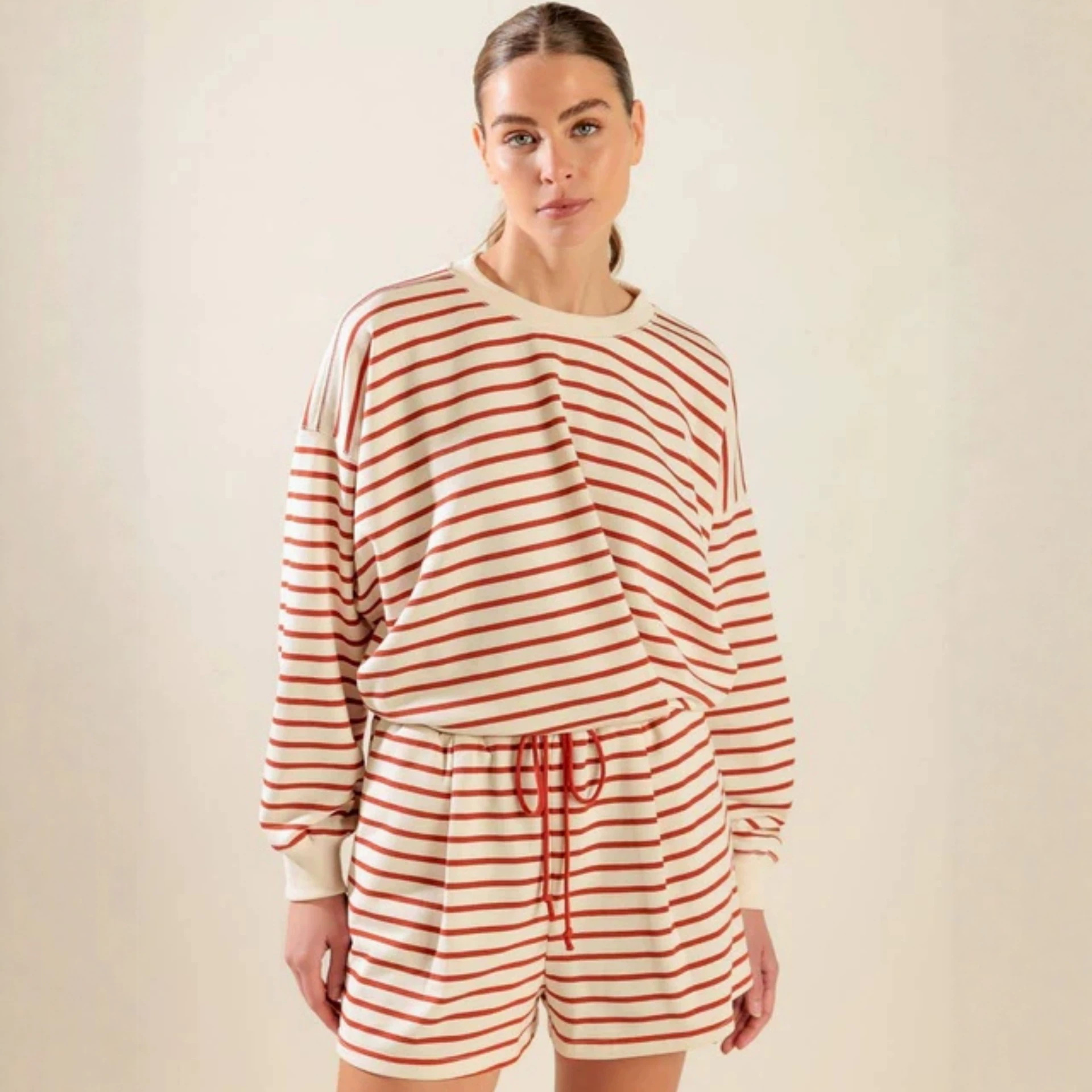 Women's Striped Two-Piece Set with Crew Neck Long-Sleeve Top and Shorts