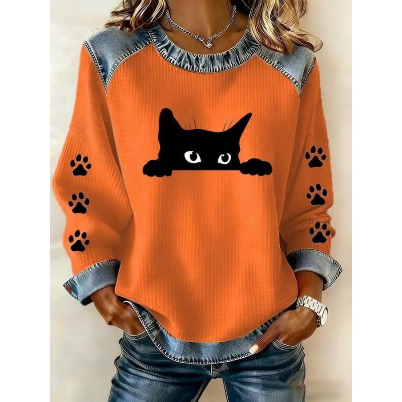 3D Print Colorblock Denim Collar Pullover Sweatshirt Women's Long Sleeve Loose Fit