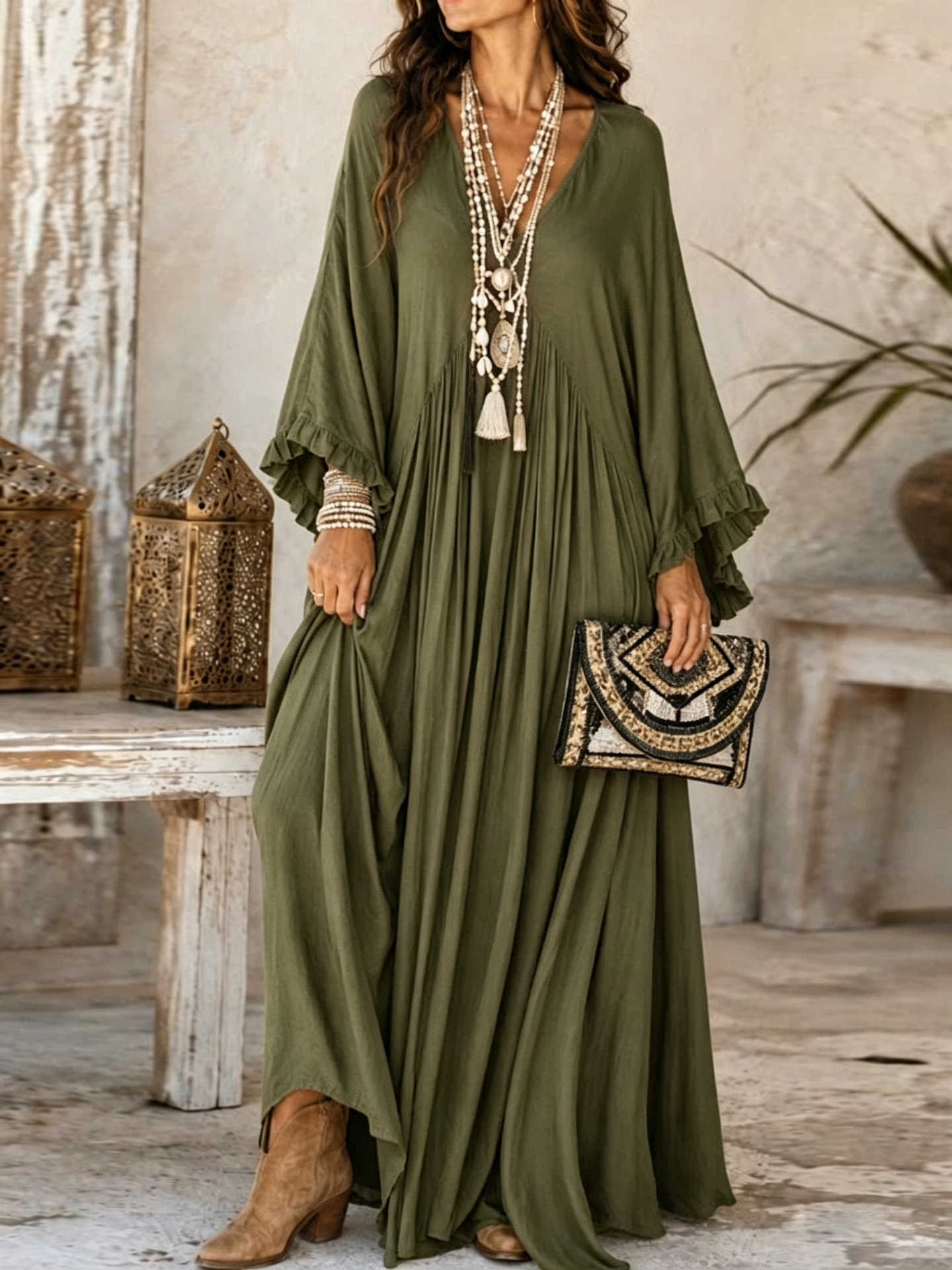 Women's Elegant V-Neck Ruffle Long Sleeve Loose Plus Size Casual Vacation Dress