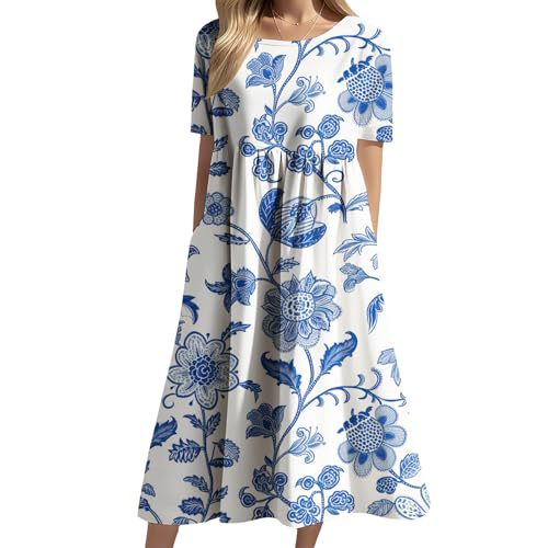 Women's Floral Print Ruched Midi Dress Short Sleeve Crew Neck