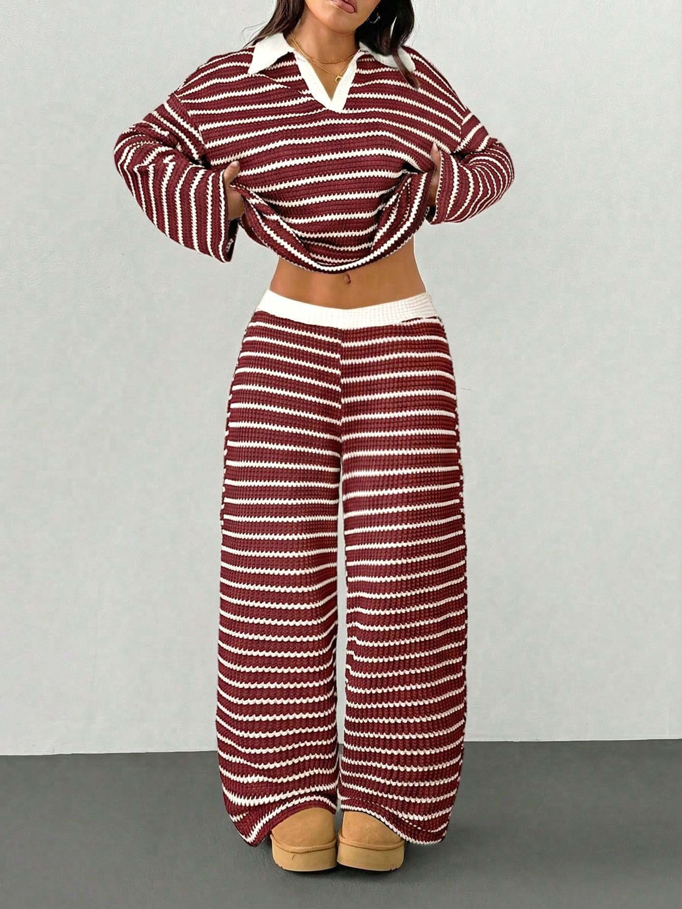Striped Knit Color-Block Collared V-Neck Long-Sleeve Top & Pants Set