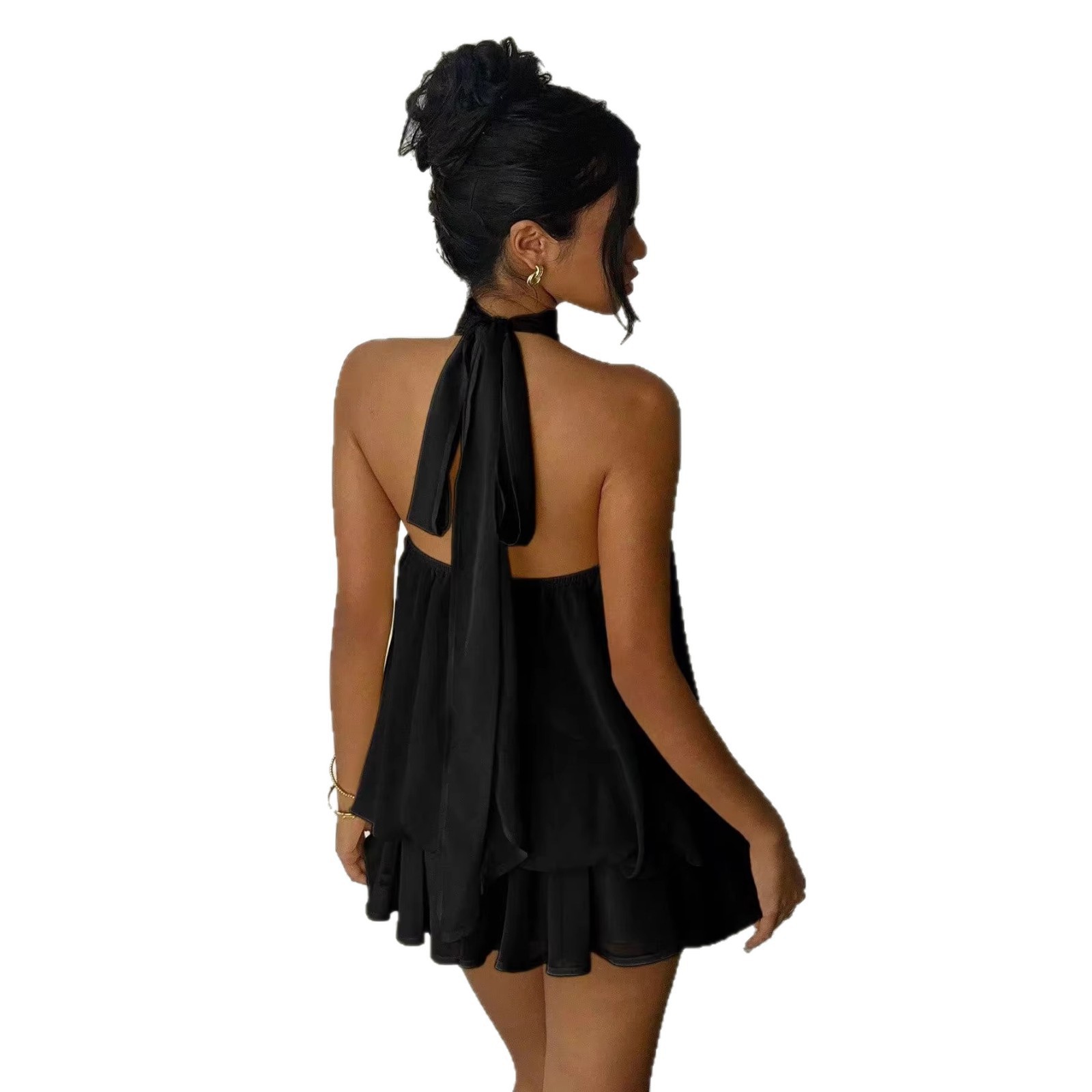 Solid Halter Open-Back Fitted Top Puff Mini Dress